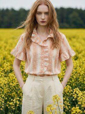 Peach-Striped Ruffle Button Front Blouse